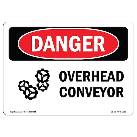 OSHA Danger Sign, Overhead Conveyor, 14in X 10in Rigid Plastic
